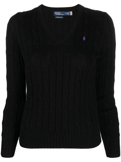 Shop Polo Ralph Lauren V Neck Braided Sweater In Black