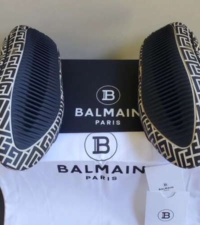 Pre-owned Balmain $895  Men's Black B-it Monogram-printed Leather Slides Sz 8, 10, 11 12 13