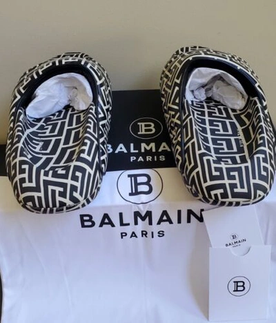 Pre-owned Balmain $895  Men's Black B-it Monogram-printed Leather Slides Sz 8, 10, 11 12 13