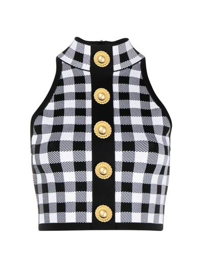 Shop Balmain Check-pattern Knitted Crop Top In Black