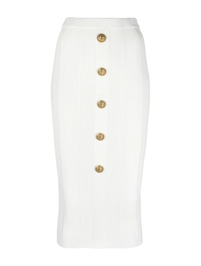 Shop Balmain Ribbed-knit Midi Skirt In White