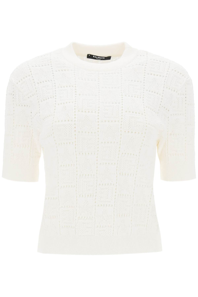 Shop Balmain Short Sleeved Top In Monogram Knit In White