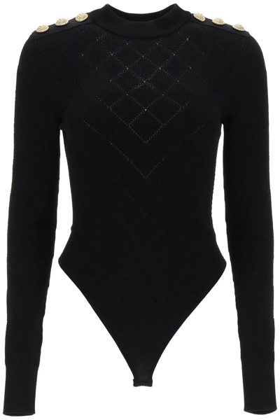 Shop Balmain Knitted Bodysuit With Embossed Buttons In Black