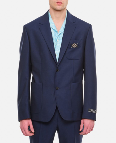 Shop Versace Formal Jacket Wool Canvas Fabric In Blue