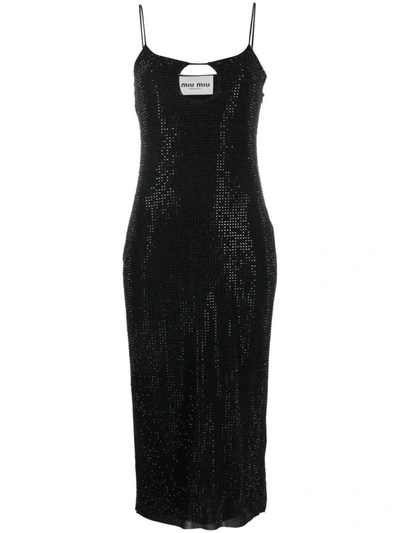 Shop Miu Miu Rhinestone-embellished Cut-out Midi Dress In Nero