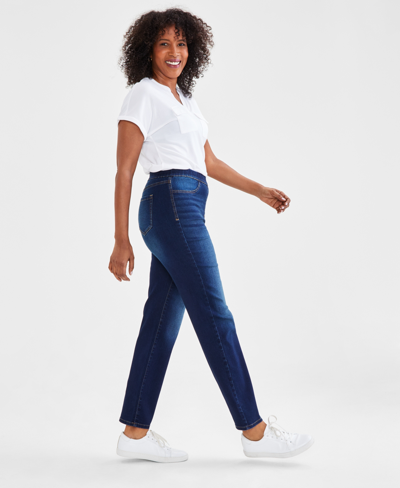 Shop Style & Co Women's Mid-rise Pull-on Straight-leg Denim Jeans, Created For Macy's In Black Rinse
