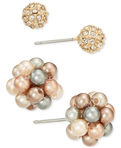 Shop Charter Club Gold-tone 2-pc. Set Pave Fireball & Tonal Imitation Pearl Cluster Stud Earrings, Created For Macy's In Taupe