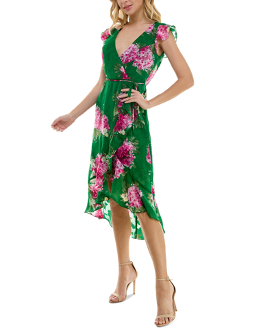 Shop Bcx Juniors' Floral-print Jacquard Faux Wrap Dress In Green Floral