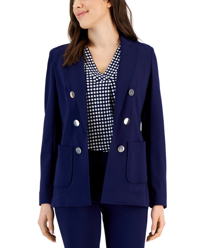 Anne Klein Womens Faux Double Breasted Blazer Printed Pleat Front Top Pull On Slash Pocket Pants In Distant Mountain