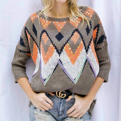 Shop Davi & Dani Aztec Sequin Sweater In Brown