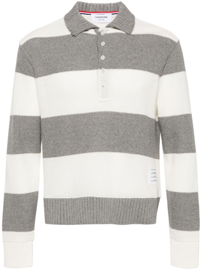 Shop Thom Browne Grey Striped Cotton Sweater