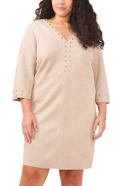 Vince Camuto Plus Size Faux-suede Studded Shift Dress In Latte