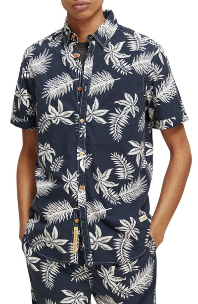 Shop Scotch & Soda Trim Fit Floral Print Short Sleeve Button-up Shirt In 5818-navy Leaf