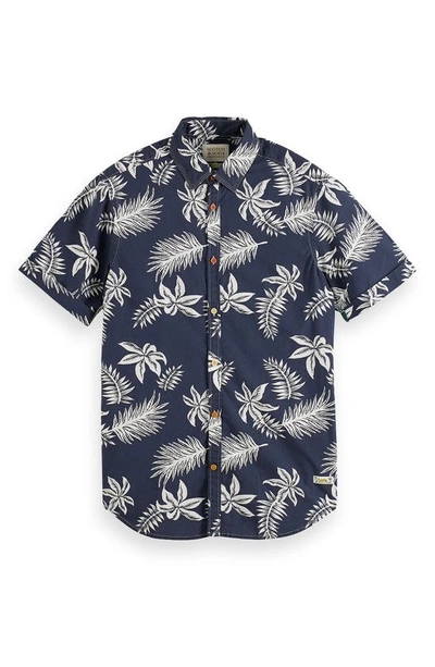 Scotch & Soda Trim Fit Floral Print Short Sleeve Button-up Shirt In 5818-navy Leaf
