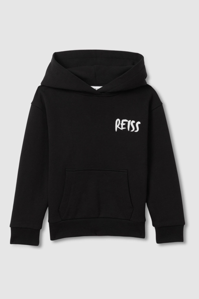 Shop Reiss Newton - Washed Black Cotton Relaxed Motif Hoodie,