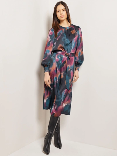 Shop Misook Watercolor Belted Crepe De Chine Midi Dress In Multi