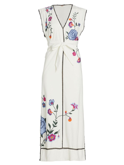 Shop Free People Women's Bo Floral-embroidered Tie-waist Midi-dress In Tofu Combo