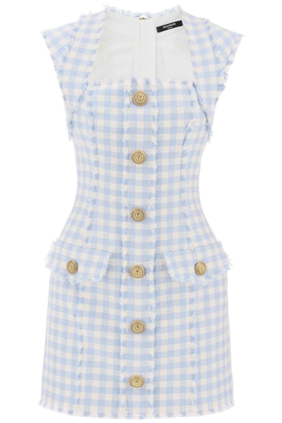 Shop Balmain Mini Dress In Tweed With Gingham Pattern In White,light Blue