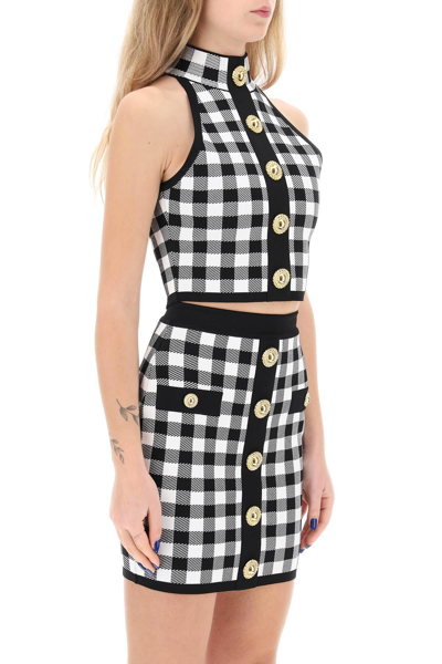 Shop Balmain Gingham Knit Cropped Top With Embossed Buttons In White,black