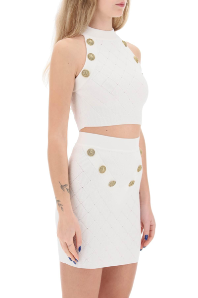 Shop Balmain Knitted Cropped Top With Embossed Buttons In White