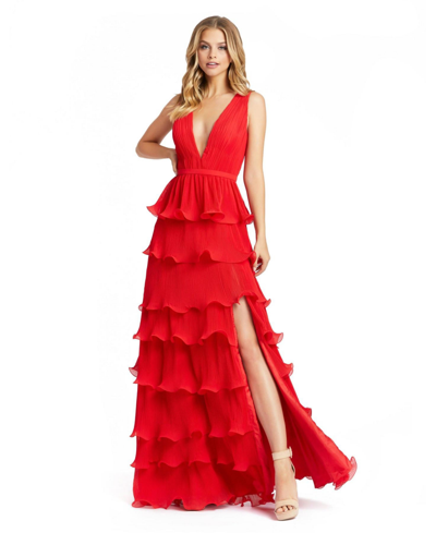 Shop Mac Duggal Women's Ieena Sleeveless Ruffle Tiered V Neck Gown In Red