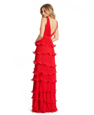 Shop Mac Duggal Women's Ieena Sleeveless Ruffle Tiered V Neck Gown In Red