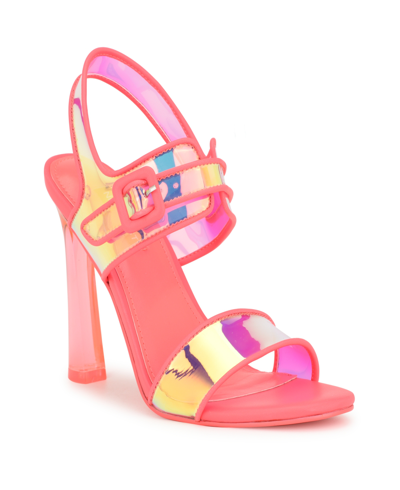Shop Nine West Women's Lucile Tapered Heel Open Toe Dress Sandals In Iridescent Neon Pink