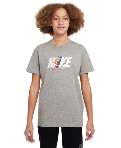 Shop Nike Big Kids Sportswear Relaxed-fit Printed T-shirt In Dark Grey Heather