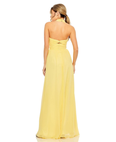 Shop Mac Duggal Women's Ruched Halter Strap Keyhole Chiffon Gown In Sunshine