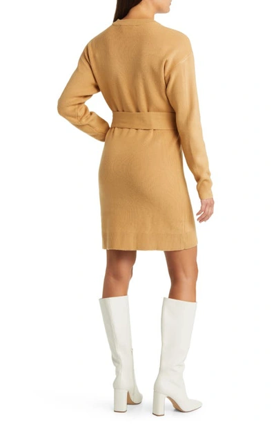Shop Charles Henry Long Sleeve Belted Mini Sweater Dress In Camel