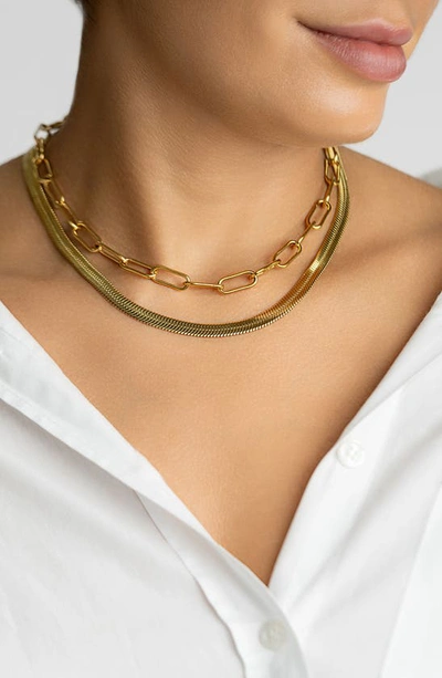 Shop Adornia Set Of 2 Water Resistant Herringbone & Paper Clip Chain Necklaces In Gold