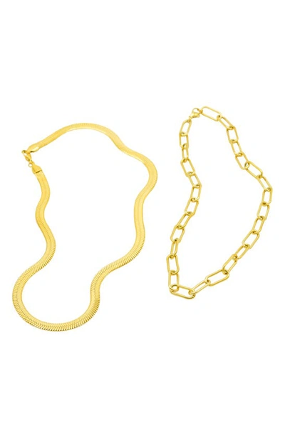 Shop Adornia Set Of 2 Water Resistant Herringbone & Paper Clip Chain Necklaces In Gold