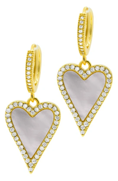 Adornia 14k Gold Plated White Mother-of-pearl Crystal Halo Heart Drop Huggie Earrings In Gold/ White