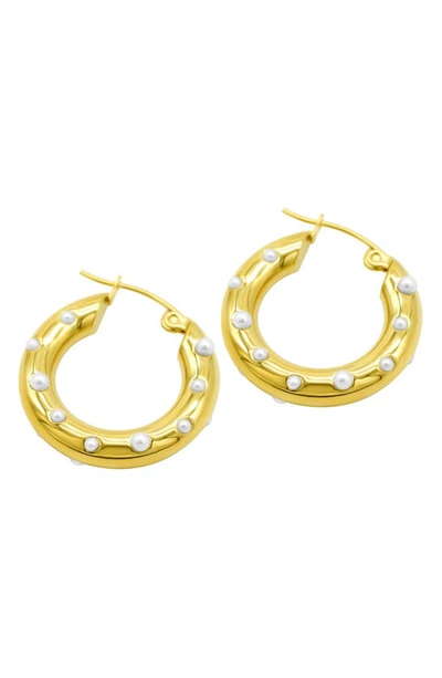 Shop Adornia Water Resistant Imitation Pearl Hoop Earrings In White/ Yellow Gold