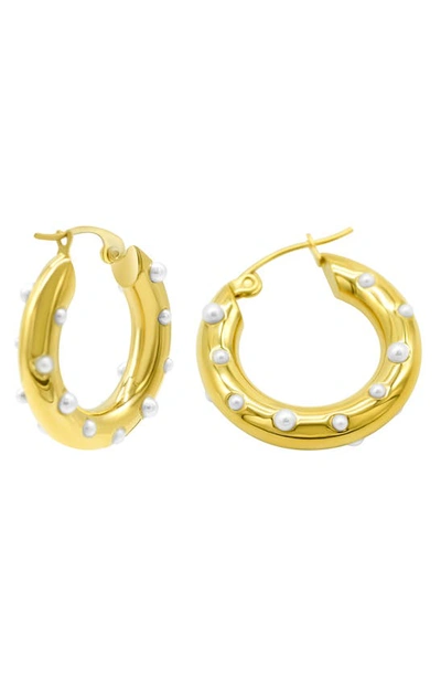 Shop Adornia Water Resistant Imitation Pearl Hoop Earrings In White/ Yellow Gold