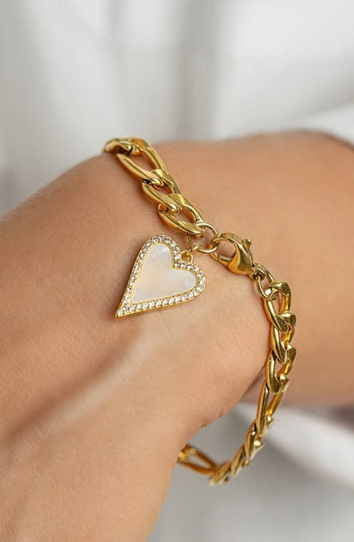 Shop Adornia Water Resistant Crystal & Mother Of Pearl Heart Figaro Chain Bracelet In Gold/ White