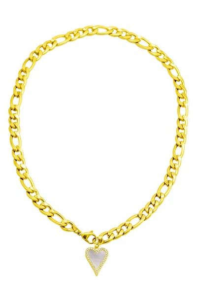 Adornia Tarnish Resistant 14k Gold-plated Figaro Chain With Crystal Halo Mother-of-pearl Heart In White