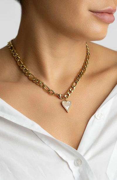Adornia Tarnish Resistant 14k Gold-plated Figaro Chain With Crystal Halo Mother-of-pearl Heart In White