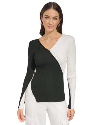 Shop Dkny Women's Two-tone Asymmetrical-hem Sweater In Black,ivory
