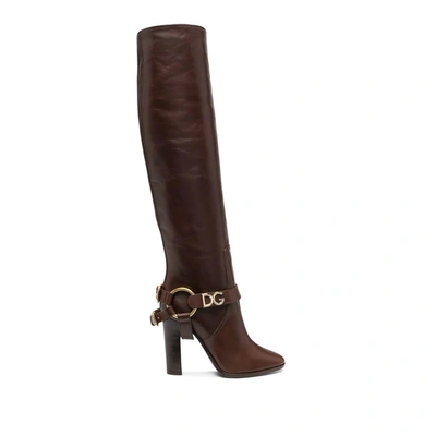 Shop Dolce & Gabbana Leather Knee Boots In Brown