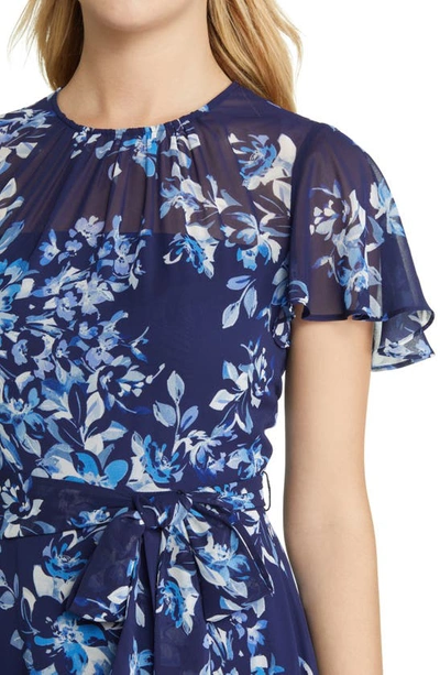 Shop Harper Rose Floral Print Flutter Sleeve Dress In Navy