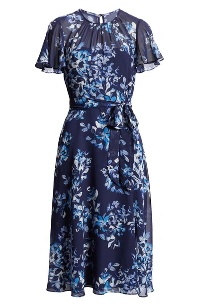 Shop Harper Rose Floral Print Flutter Sleeve Dress In Navy