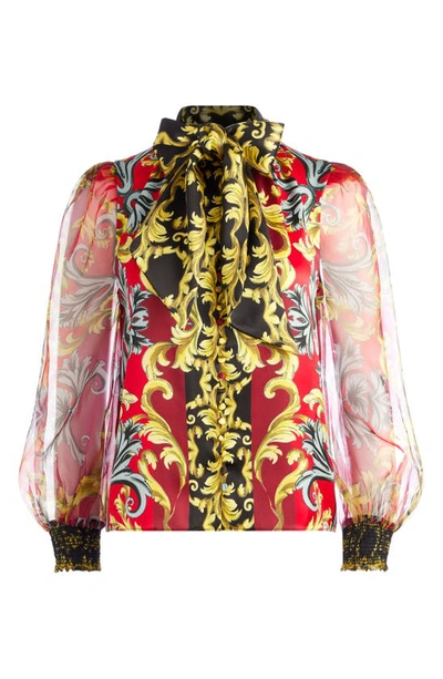 Shop Alice And Olivia Brentley Sheer Sleeve Tie Neck Top In Regal Romance Bordeaux