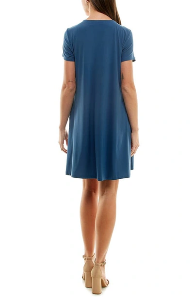Shop Nina Leonard Short Sleeve Trapeze Dress In Blue Moon/ Gold