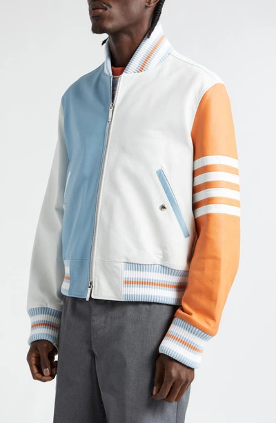 Shop Thom Browne Fun-mix 4-bar Colorblock Leather Bomber Jacket In White