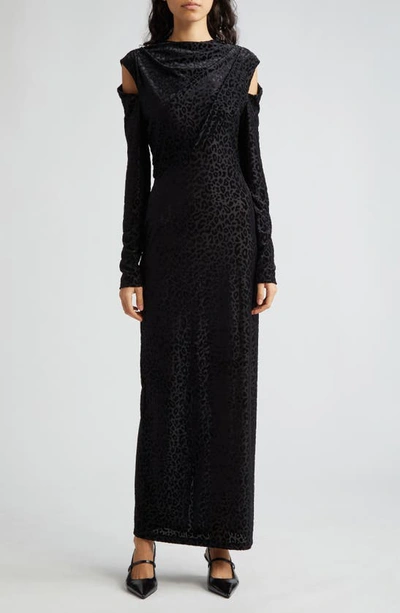 Shop Puppets And Puppets Flocked Leopard Print Long Sleeve Cold Shoulder Maxi Dress In Black