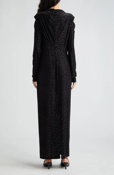 Shop Puppets And Puppets Flocked Leopard Print Long Sleeve Cold Shoulder Maxi Dress In Black
