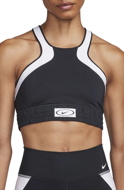 Shop Nike Dri-fit High Neck Sports Bra In Black/ White/ White