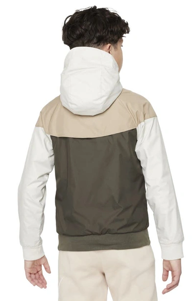 Shop Nike Kids' Windrunner Water Repellent Hooded Jacket In Light Bone/ Cargo Khaki/ White