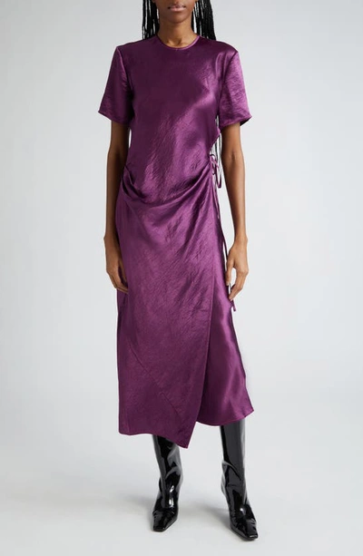 Shop Acne Studios Daika Textured Satin Faux Wrap Midi Dress In Bright Purple